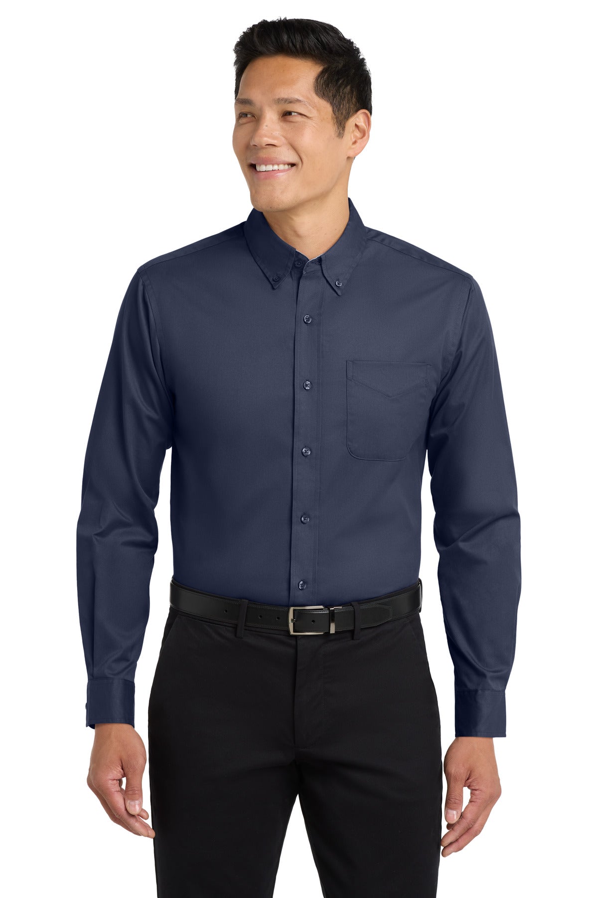 Custom Embroidered Port Authority Woven Shirts in Navy/ Light Stone