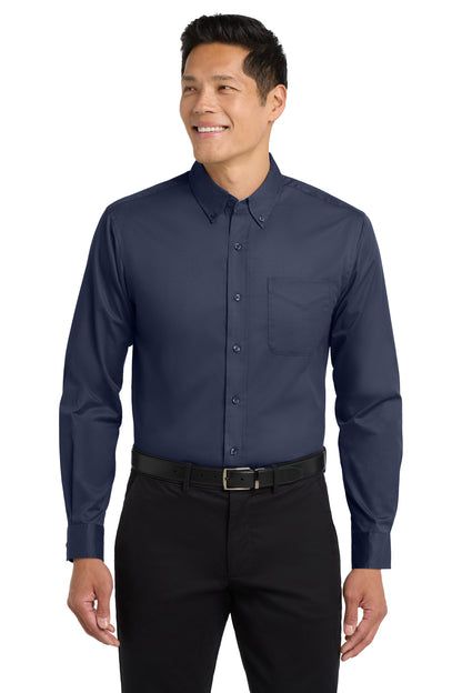 Custom Embroidered Port Authority Woven Shirts in Navy/ Light Stone