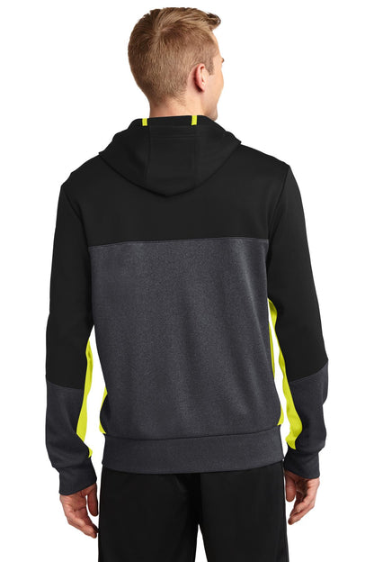 Custom Embroidered Sport-Tek Tech Fleece Colorblock Full-Zip Hooded Jacket. ST245,Black/ Graphite Heather/ Citron