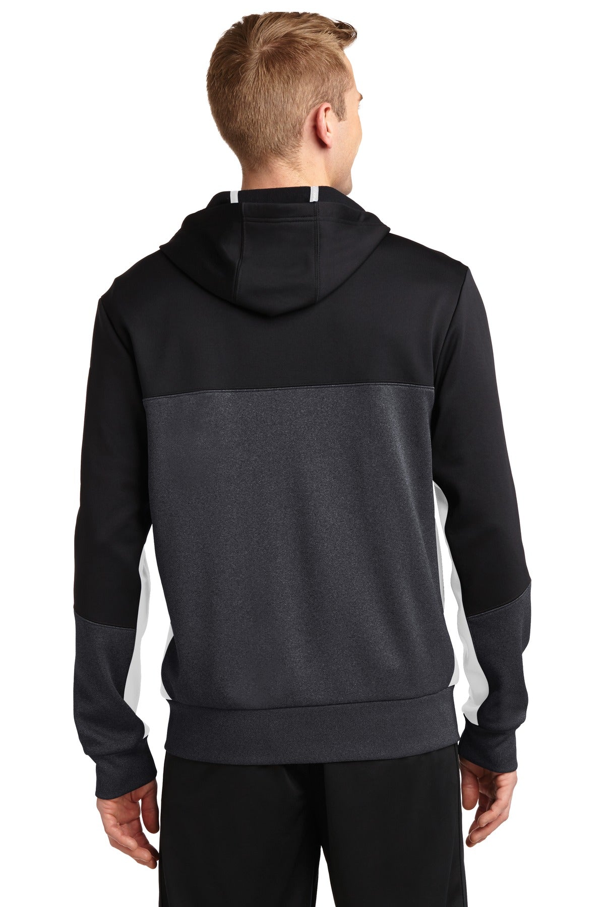 Custom Embroidered Sport-Tek Tech Fleece Colorblock Full-Zip Hooded Jacket. ST245,Black/ Graphite Heather/ White