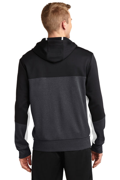 Custom Embroidered Sport-Tek Tech Fleece Colorblock Full-Zip Hooded Jacket. ST245,Black/ Graphite Heather/ White