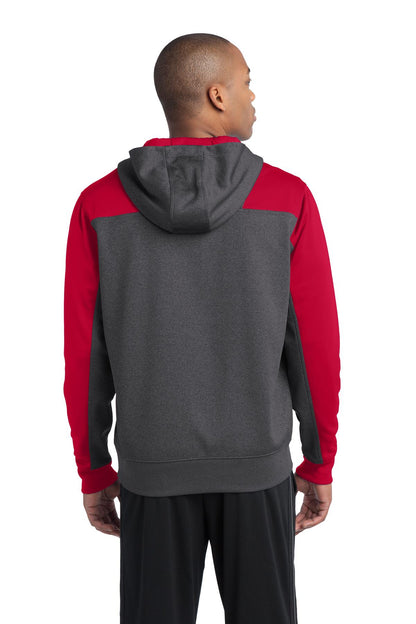 Custom Embroidered Sport-Tek  Tech Fleece Colorblock 1/4-Zip Hooded Sweatshirt. ST249,Graphite Heather/ True Red