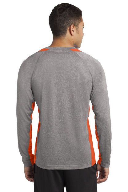 Custom Embroidered Sport-Tek Long Sleeve Heather Colorblock Contender Tee. ST361LS,Vintage Heather/ Deep Orange