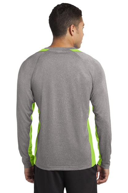 Custom Embroidered Sport-Tek Long Sleeve Heather Colorblock Contender Tee. ST361LS,Vintage Heather/ Lime Shock