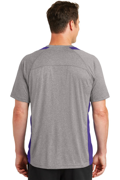 Custom Embroidered Sport-Tek Heather Colorblock Contender Tee. ST361,Vintage Heather/ Purple