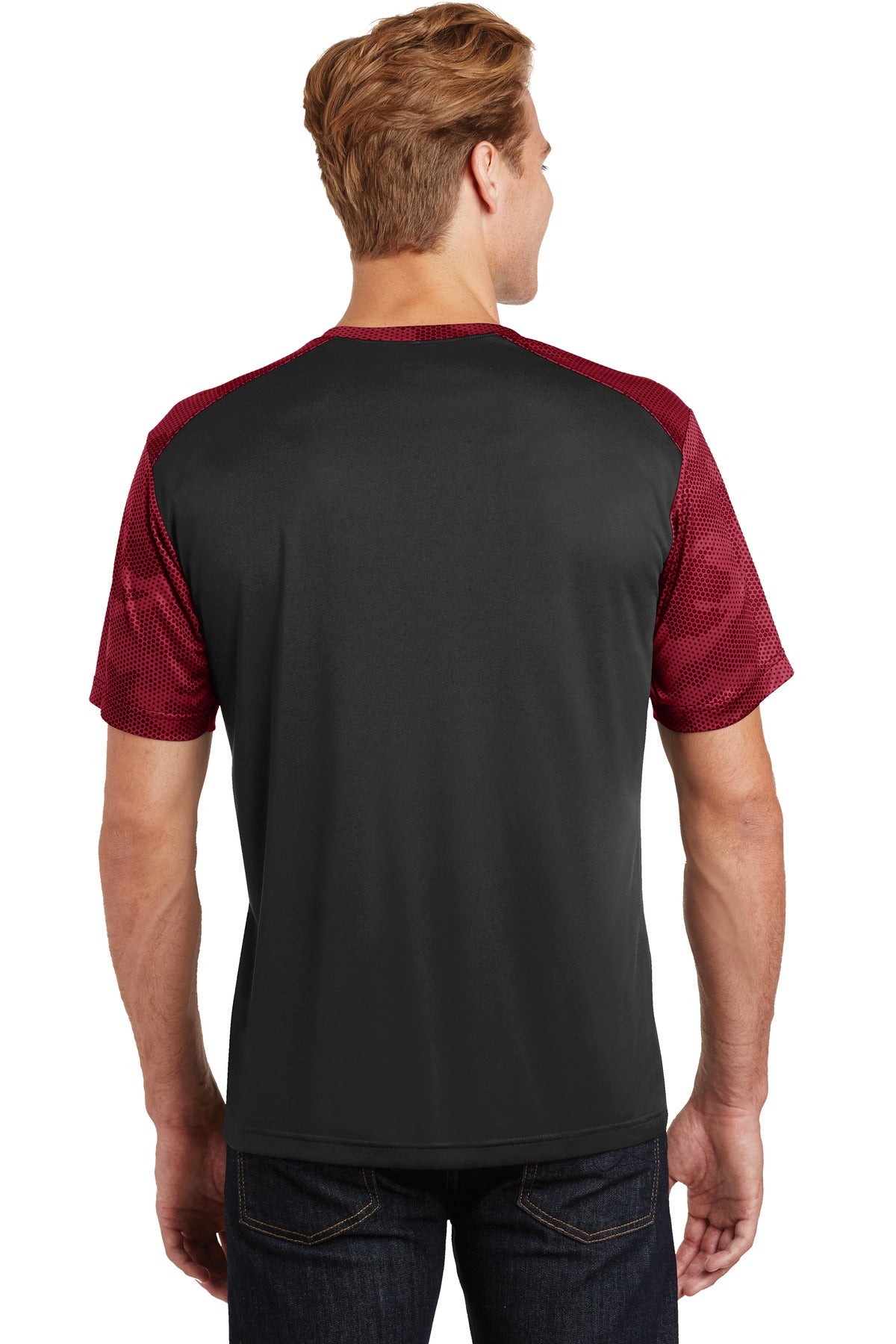Custom Embroidered Sport-Tek CamoHex Colorblock Tee. ST371,Black/ Deep Red
