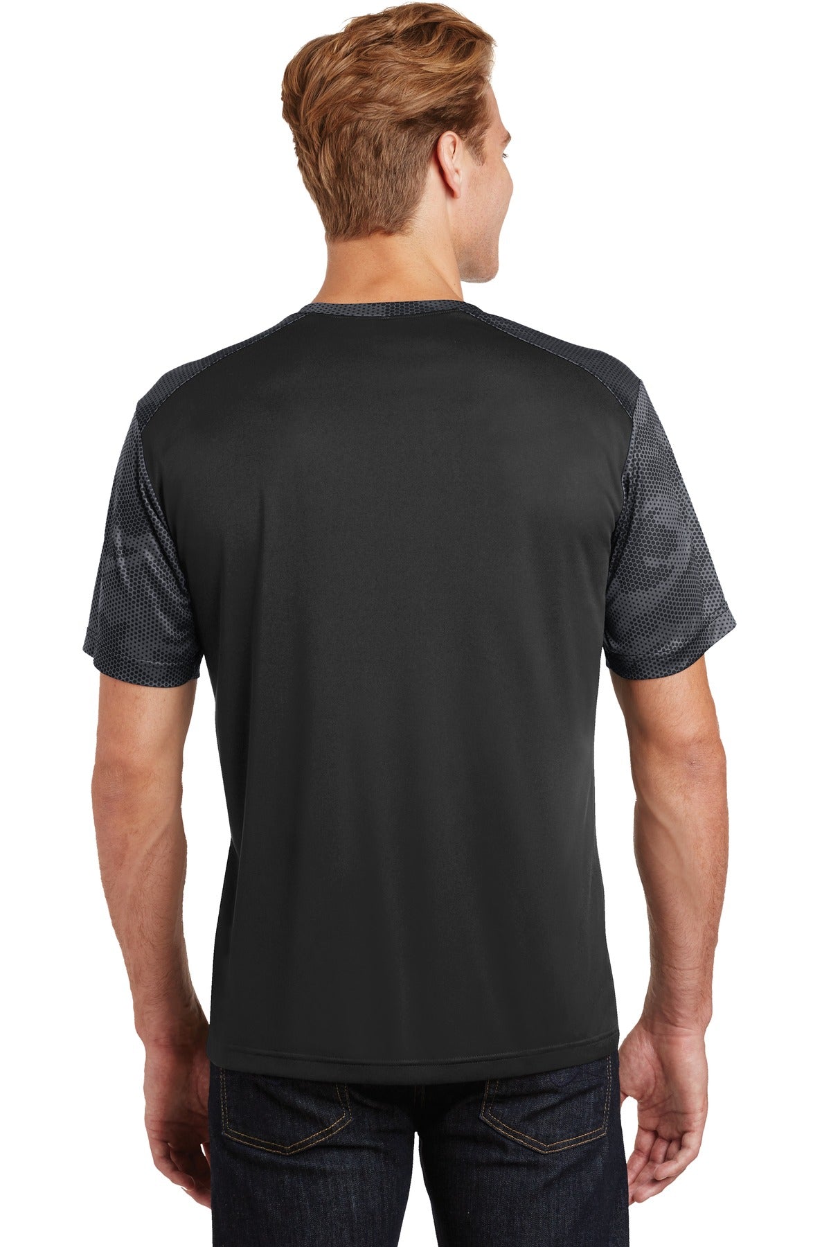 Custom Embroidered Sport-Tek CamoHex Colorblock Tee. ST371,Black/ Iron Grey