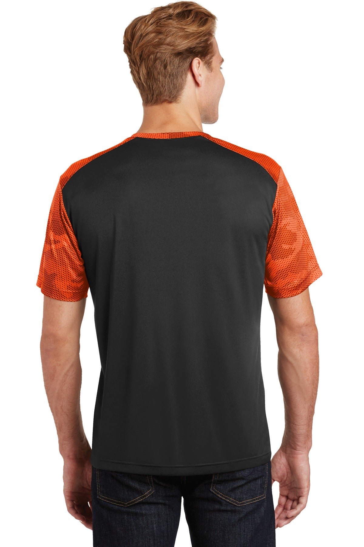 Custom Embroidered Sport-Tek CamoHex Colorblock Tee. ST371,Black/ Neon Orange