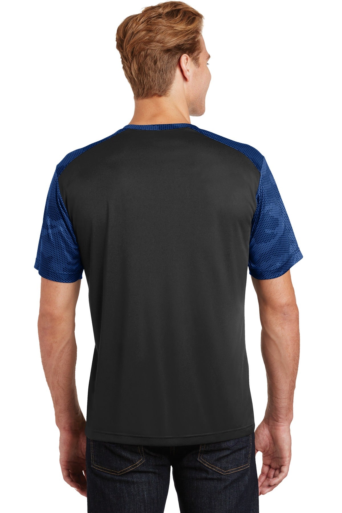 Custom Embroidered Sport-Tek CamoHex Colorblock Tee. ST371,Black/ True Royal
