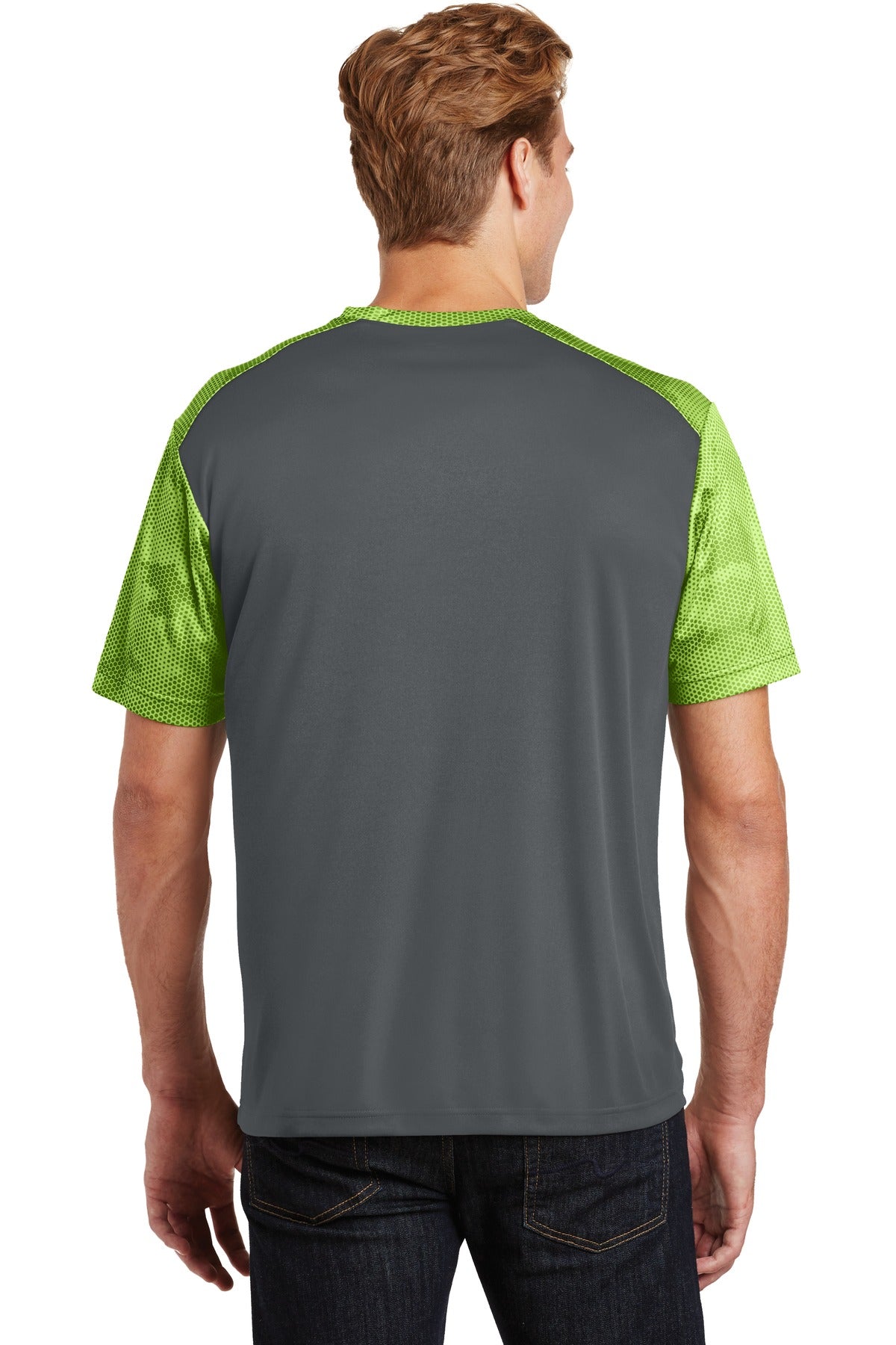 Custom Embroidered Sport-Tek CamoHex Colorblock Tee. ST371,Iron Grey/ Lime Shock