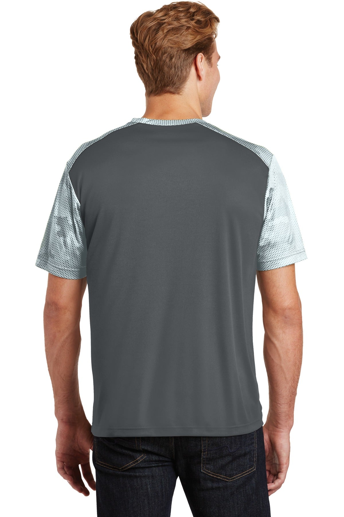 Custom Embroidered Sport-Tek CamoHex Colorblock Tee. ST371,Iron Grey/ White