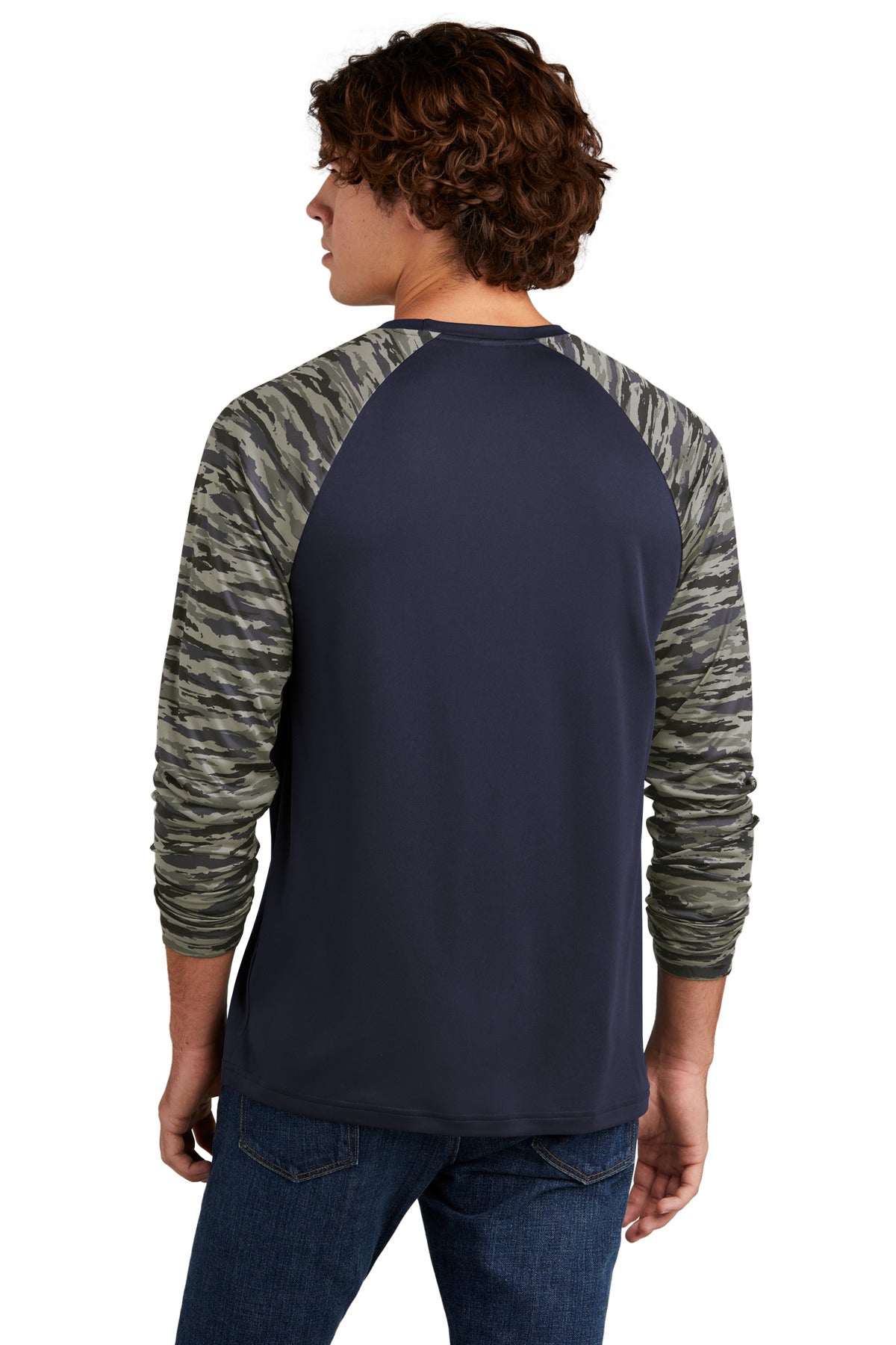 Custom Embroidered Sport-Tek Drift Camo Colorblock Long Sleeve Tee ST376LS,True Navy
