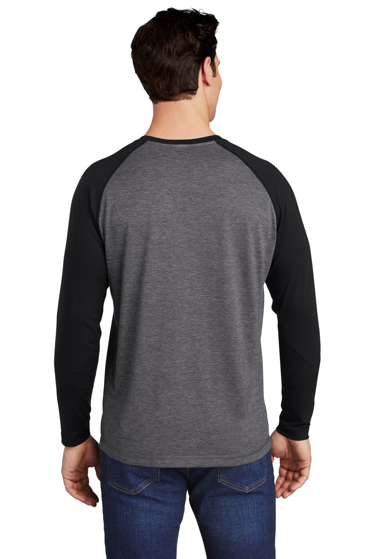 Custom Embroidered Sport-Tek  PosiCharge  Long Sleeve Tri-Blend Wicking Raglan Tee ST400LS,Black Triad Solid/ Dark Grey Heather
