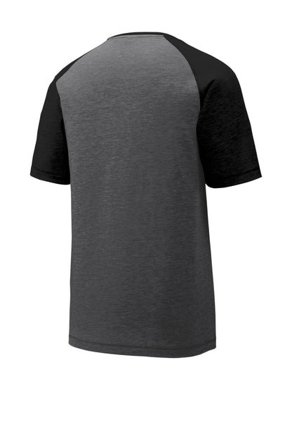 Sport-Tek  PosiCharge  Tri-Blend Wicking Raglan Tee. ST400 Black Triad Solid/ Dark Grey Heather