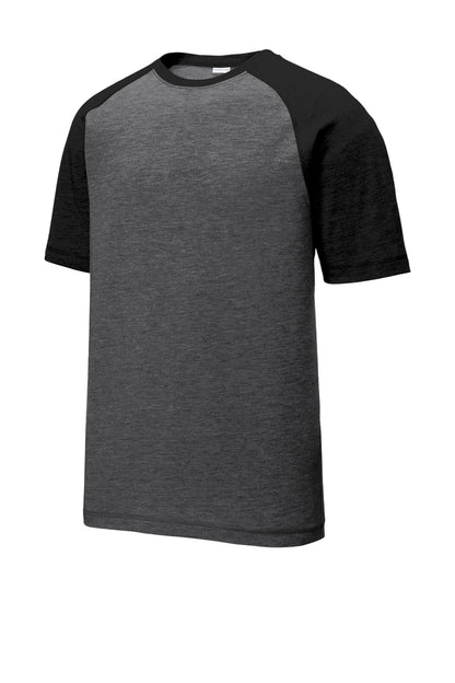 Sport-Tek  PosiCharge  Tri-Blend Wicking Raglan Tee. ST400 Black Triad Solid/ Dark Grey Heather