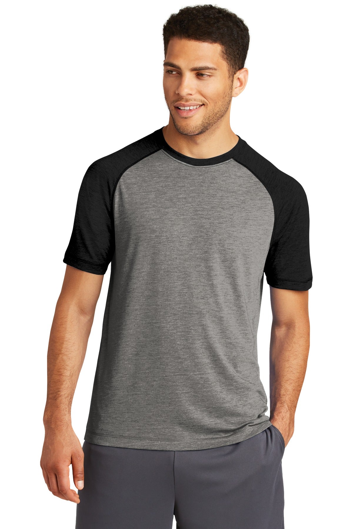Sport-Tek  PosiCharge  Tri-Blend Wicking Raglan Tee. ST400 Black Triad Solid/ Dark Grey Heather