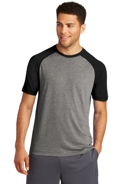 Sport-Tek  PosiCharge  Tri-Blend Wicking Raglan Tee. ST400 Black Triad Solid/ Dark Grey Heather