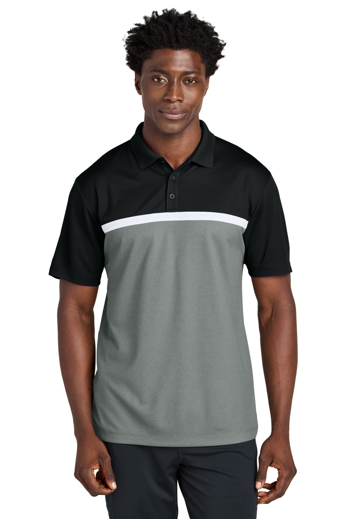 Custom Embroidered Sport-Tek Polos/Knits in Black/ Grey Concrete Heather/ White