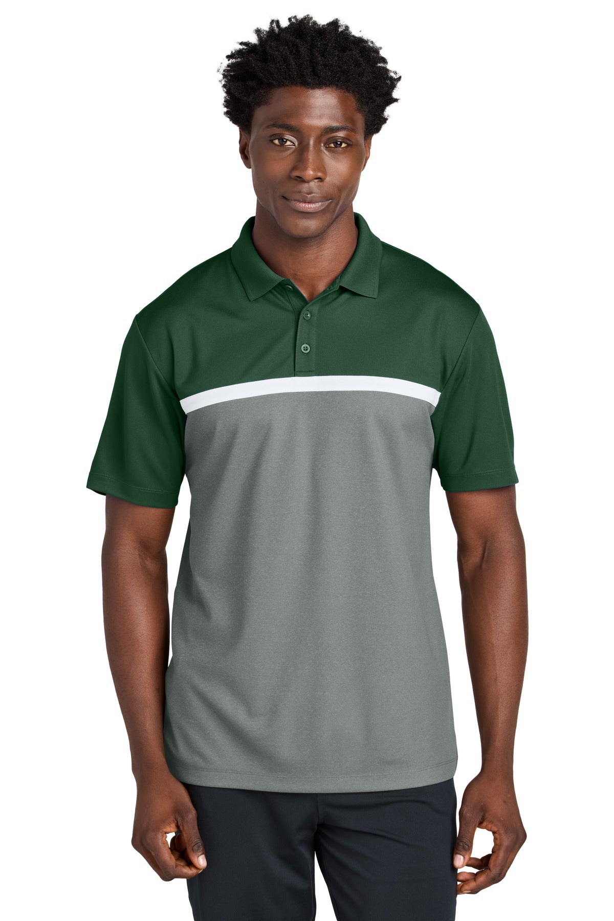 Custom Embroidered Sport-Tek Polos/Knits in Forest Green/ Grey Concrete Heather/ White