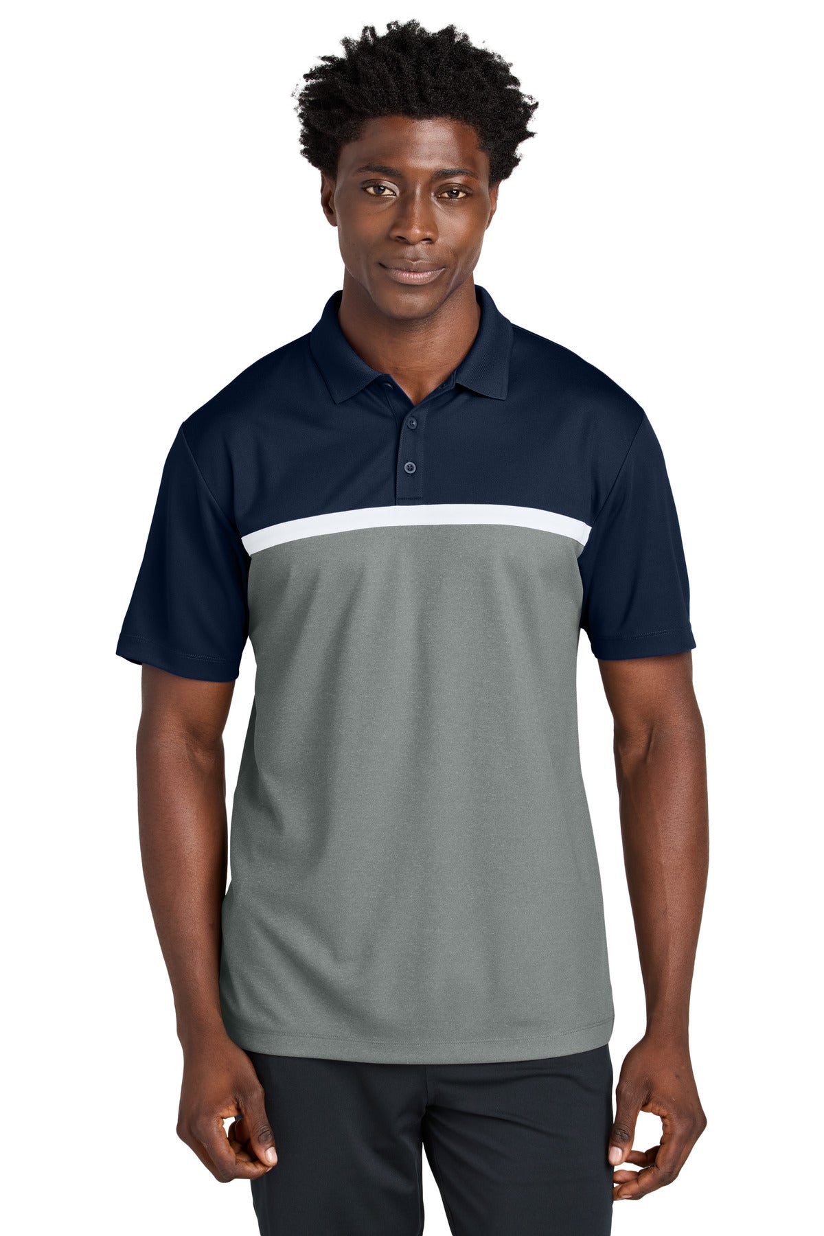 Custom Embroidered Sport-Tek Polos/Knits in True Navy/ Grey Concrete Heather/ White