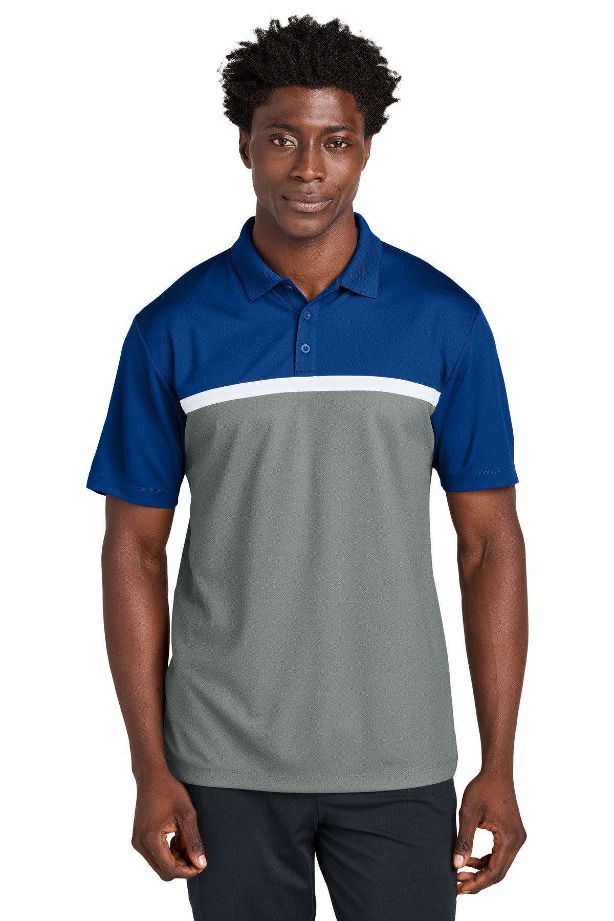 Custom Embroidered Sport-Tek Polos/Knits in True Royal/ Grey Concrete Heather/ White