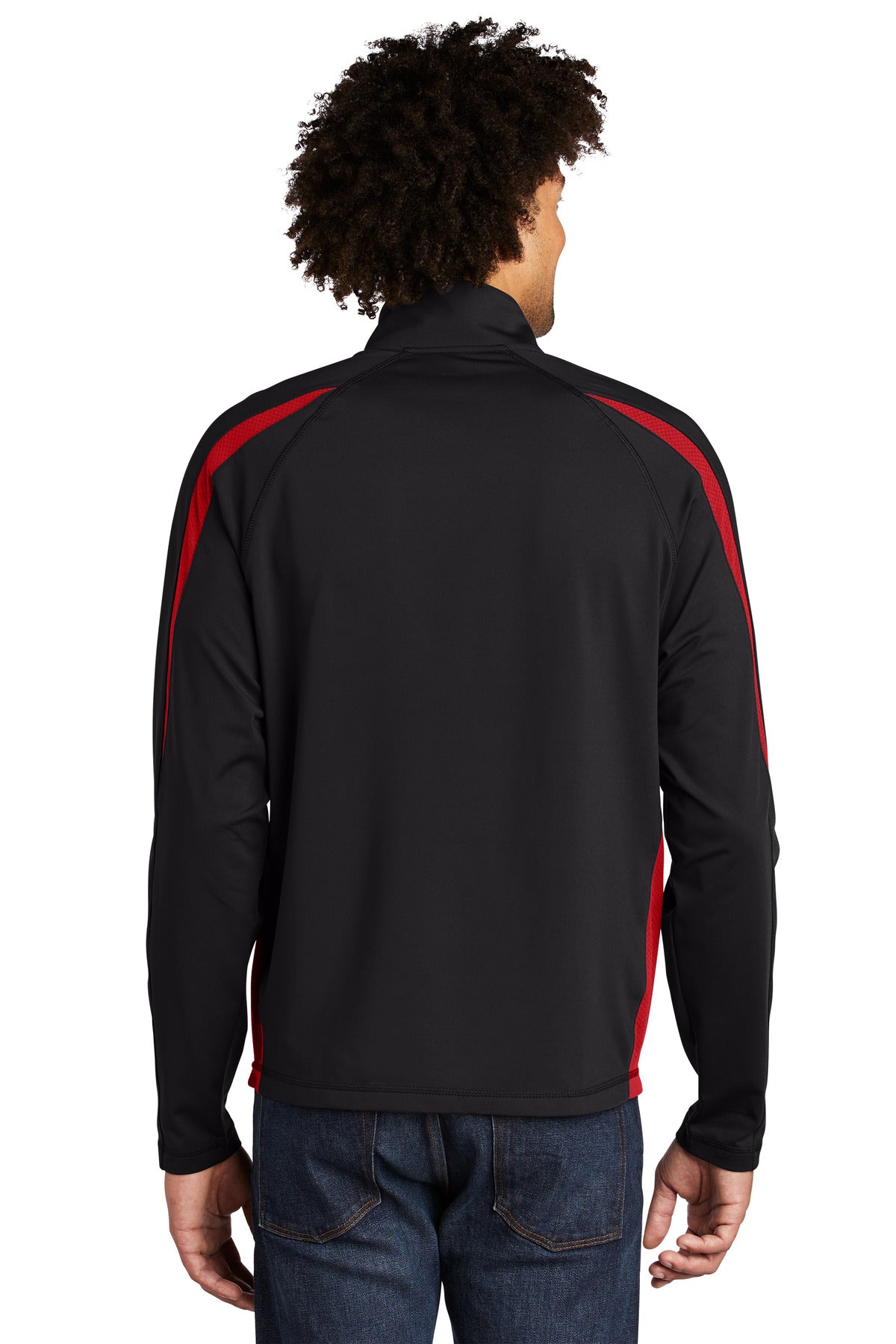 Custom Embroidered Sport-Tek Sport-Wick Stretch 1/2-Zip Colorblock Pullover. ST851,Black/ True Red