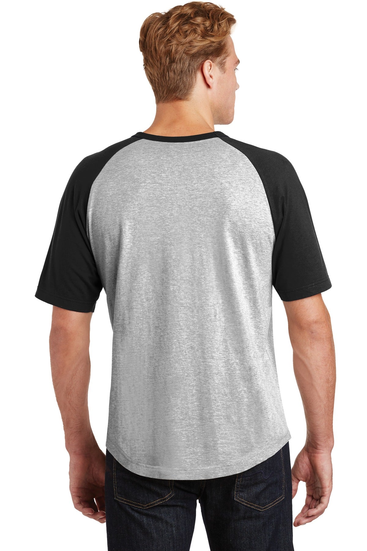 Custom Embroidered Sport-Tek Short Sleeve Colorblock Raglan Jersey. T201,Heather Grey/ Black