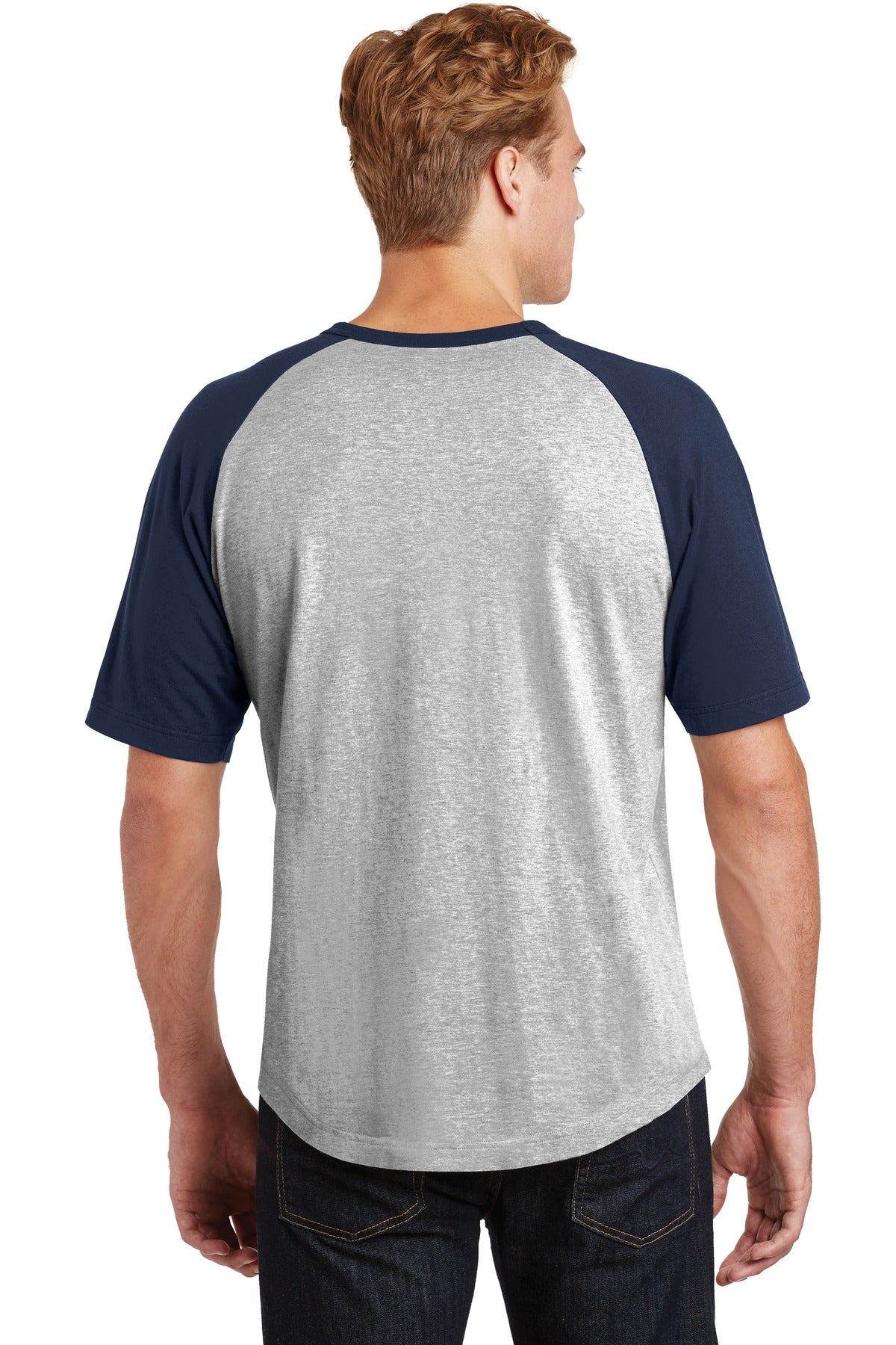 Custom Embroidered Sport-Tek Short Sleeve Colorblock Raglan Jersey. T201,Heather Grey/ Navy