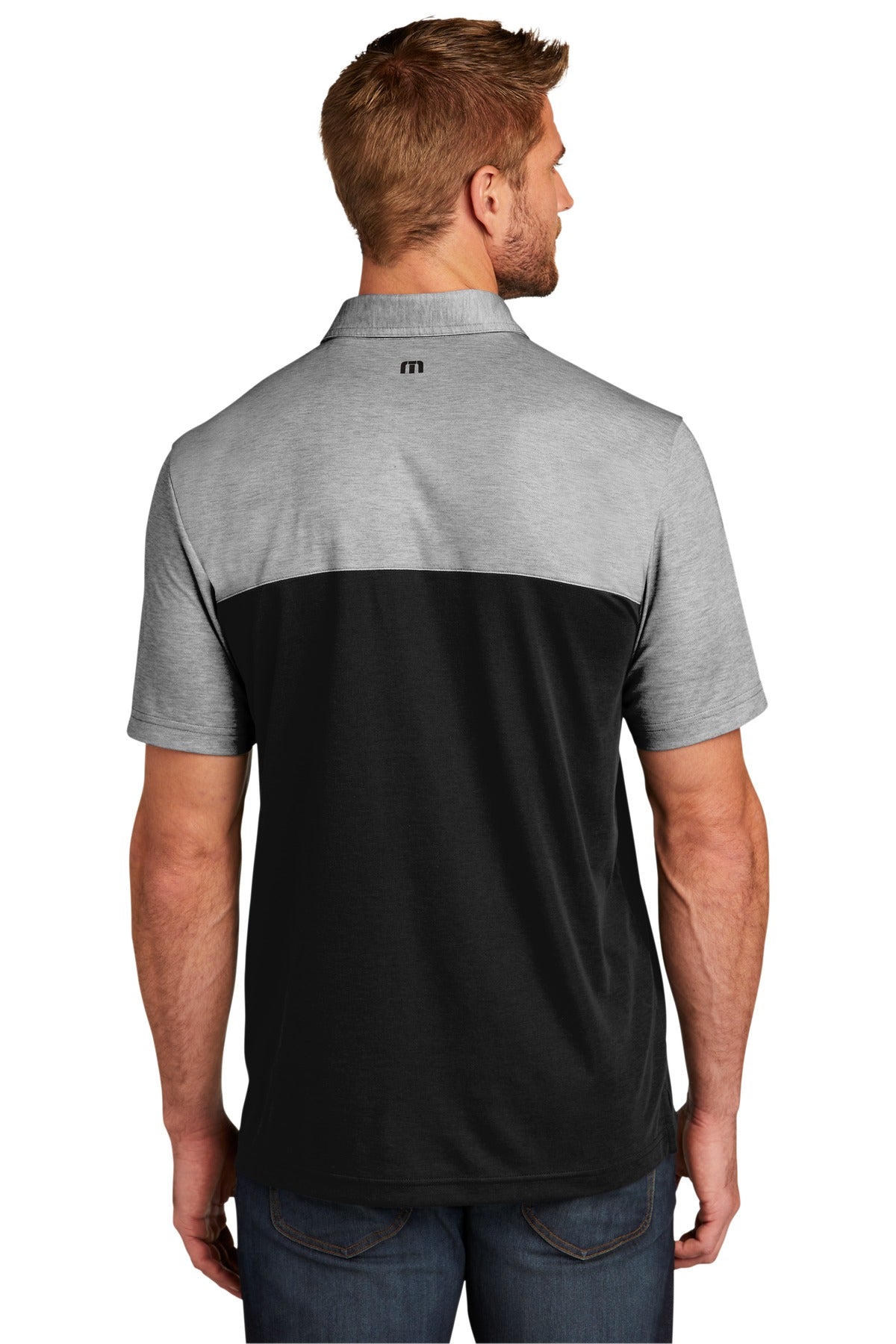 Custom Embroidered TravisMathew Oceanside Blocked Polo. TM1MU414,Black Heather/ Black