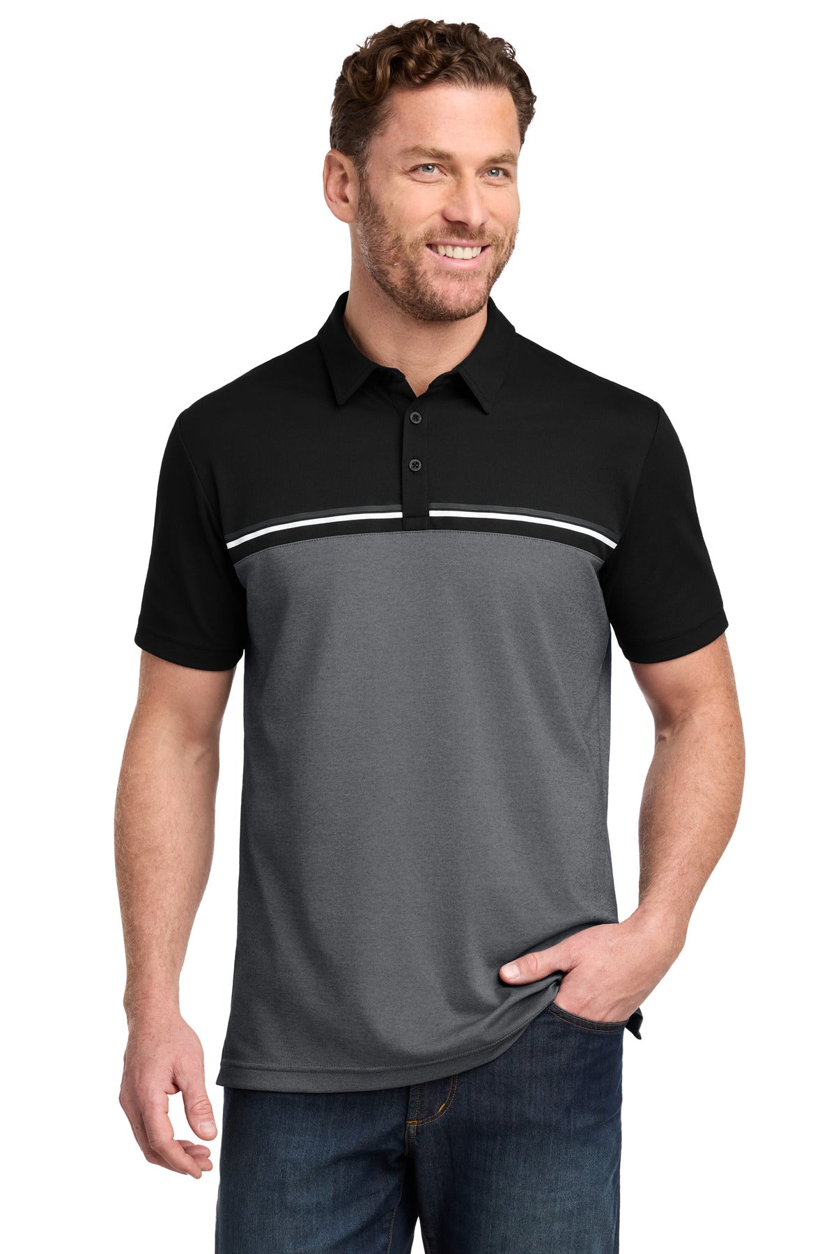 Custom Embroidered TravisMathew Polos/Knits in Black/ Dark Grey Heather
