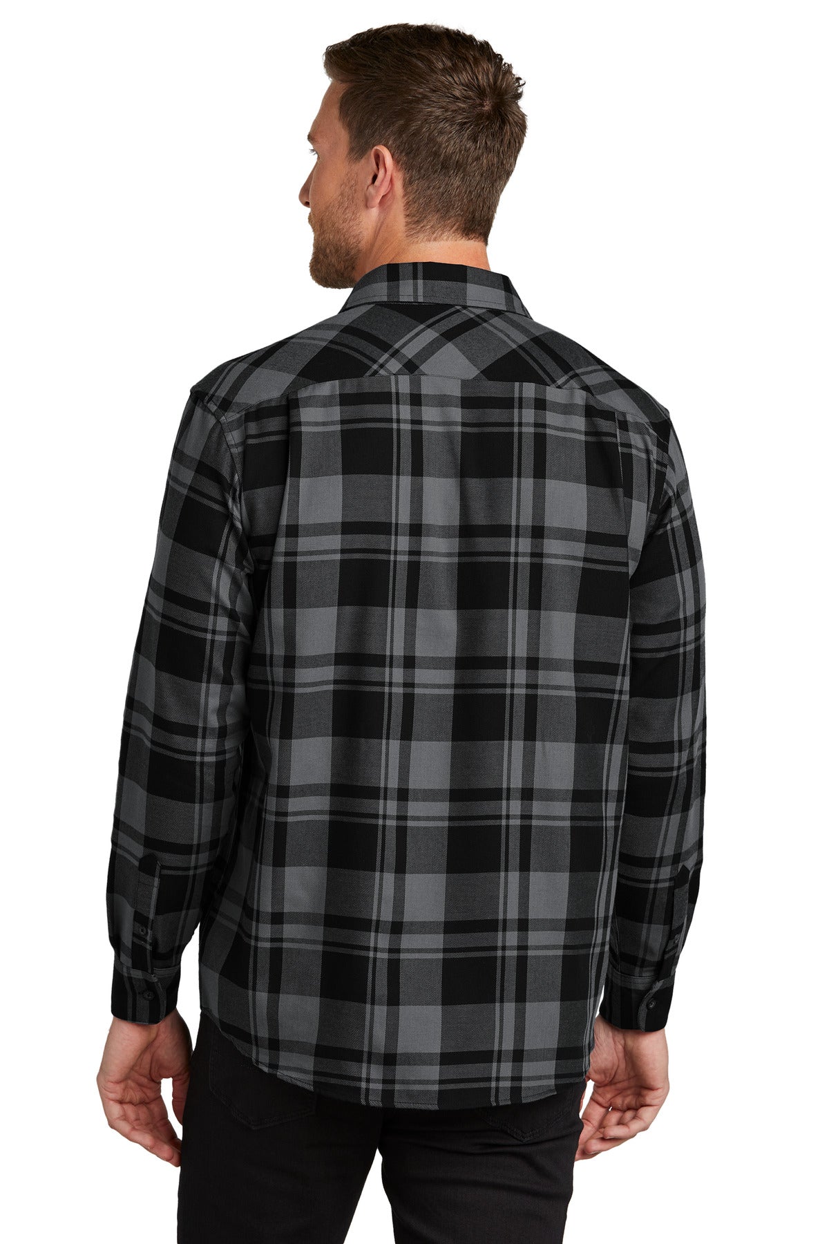 Custom Embroidered Port Authority Plaid Flannel Shirt. W668,Grey/ Black