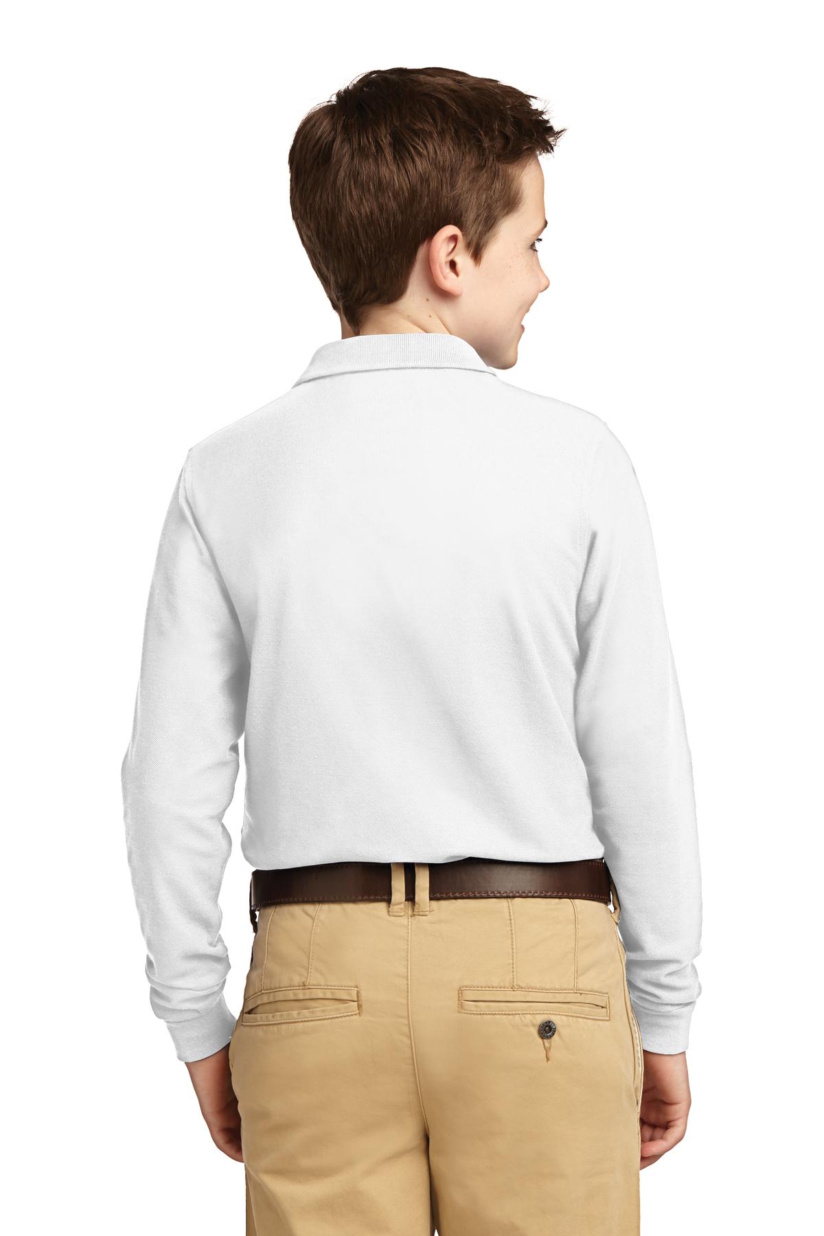 Custom Embroidered Port Authority Youth Long Sleeve Silk Touch Polo.  Y500LS,White