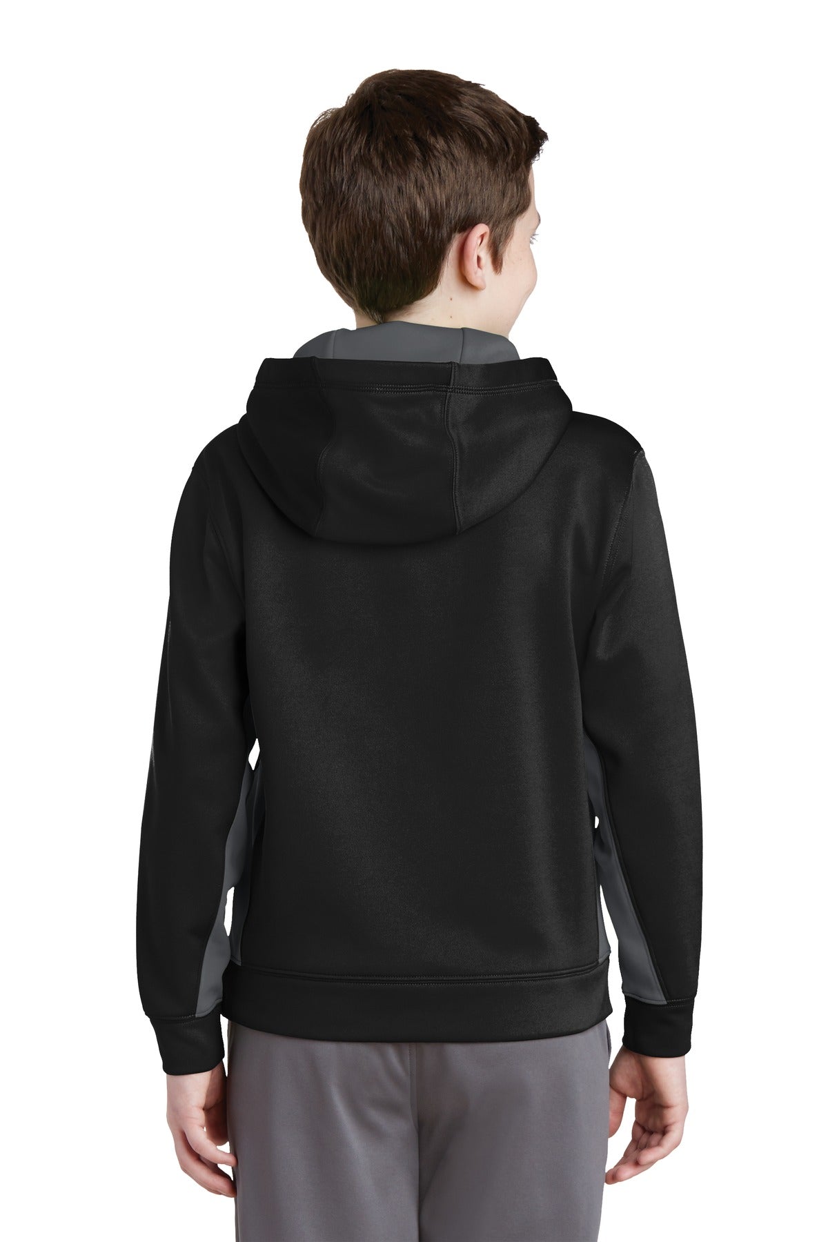 Custom Embroidered Sport-Tek Youth Sport-Wick Fleece Colorblock Hooded Pullover.  YST235,Black/ Dark Smoke Grey