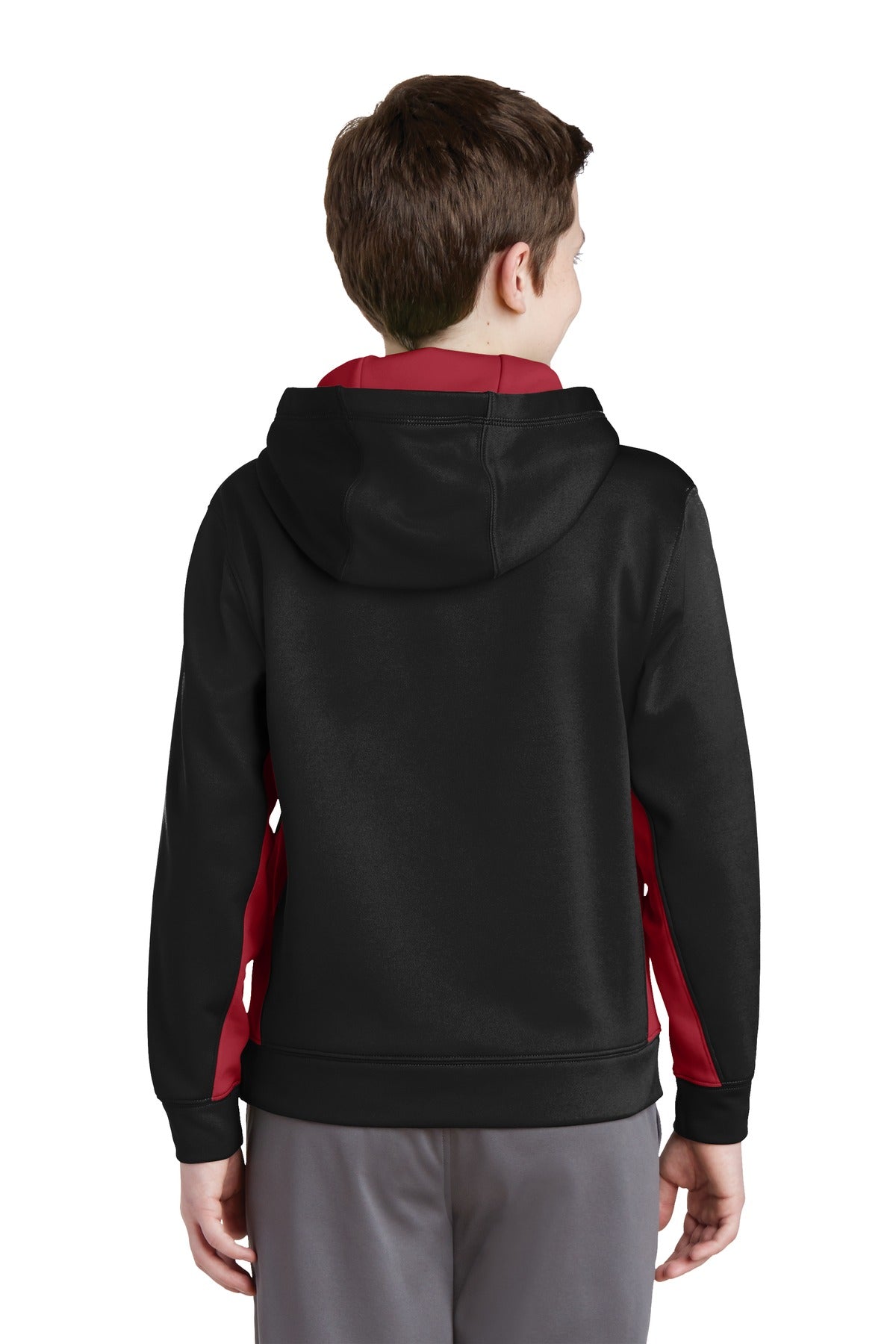 Custom Embroidered Sport-Tek Youth Sport-Wick Fleece Colorblock Hooded Pullover.  YST235,Black/ Deep Red