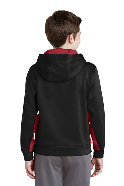 Custom Embroidered Sport-Tek Youth Sport-Wick Fleece Colorblock Hooded Pullover.  YST235,Black/ Deep Red