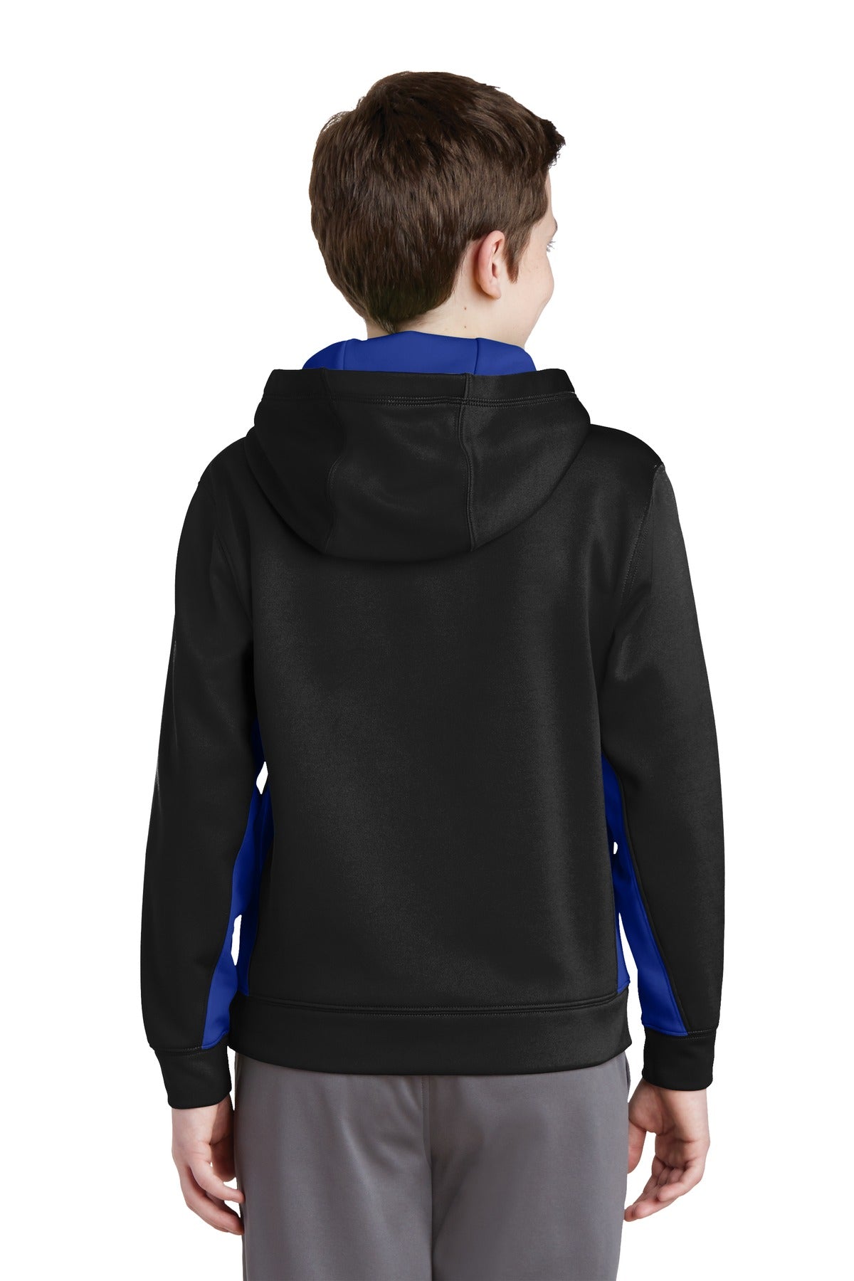 Custom Embroidered Sport-Tek Youth Sport-Wick Fleece Colorblock Hooded Pullover.  YST235,Black/ True Royal