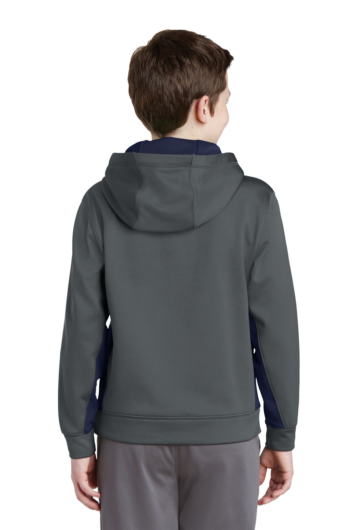 Custom Embroidered Sport-Tek Youth Sport-Wick Fleece Colorblock Hooded Pullover.  YST235,Dark Smoke Grey/ Navy