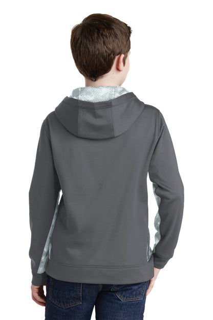 Custom Embroidered Sport-Tek Youth Sport-Wick CamoHex Fleece Colorblock Hooded Pullover.  YST239,Dark Smoke Grey/ White