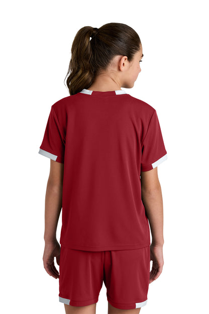 Custom Embroidered Sport-Tek Youth Club Short Sleeve Crew YST440,Deep Red/ White