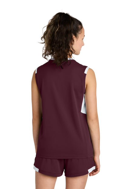 Custom Embroidered Sport-Tek Youth Club Sleeveless V-Neck YST441,Maroon/ White