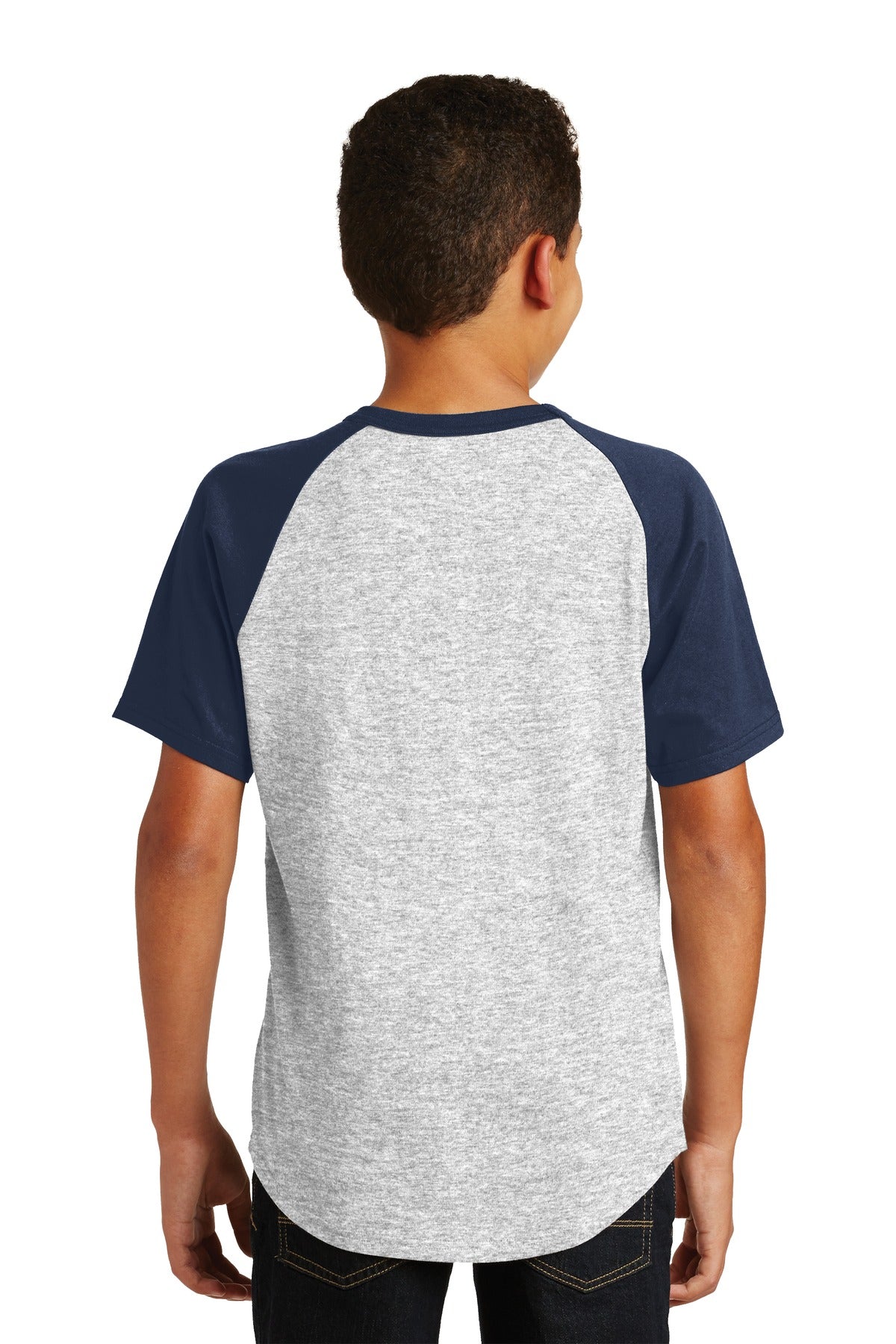 Custom Embroidered Sport-Tek Youth Short Sleeve Colorblock Raglan Jersey. YT201,Heather Grey/ Navy