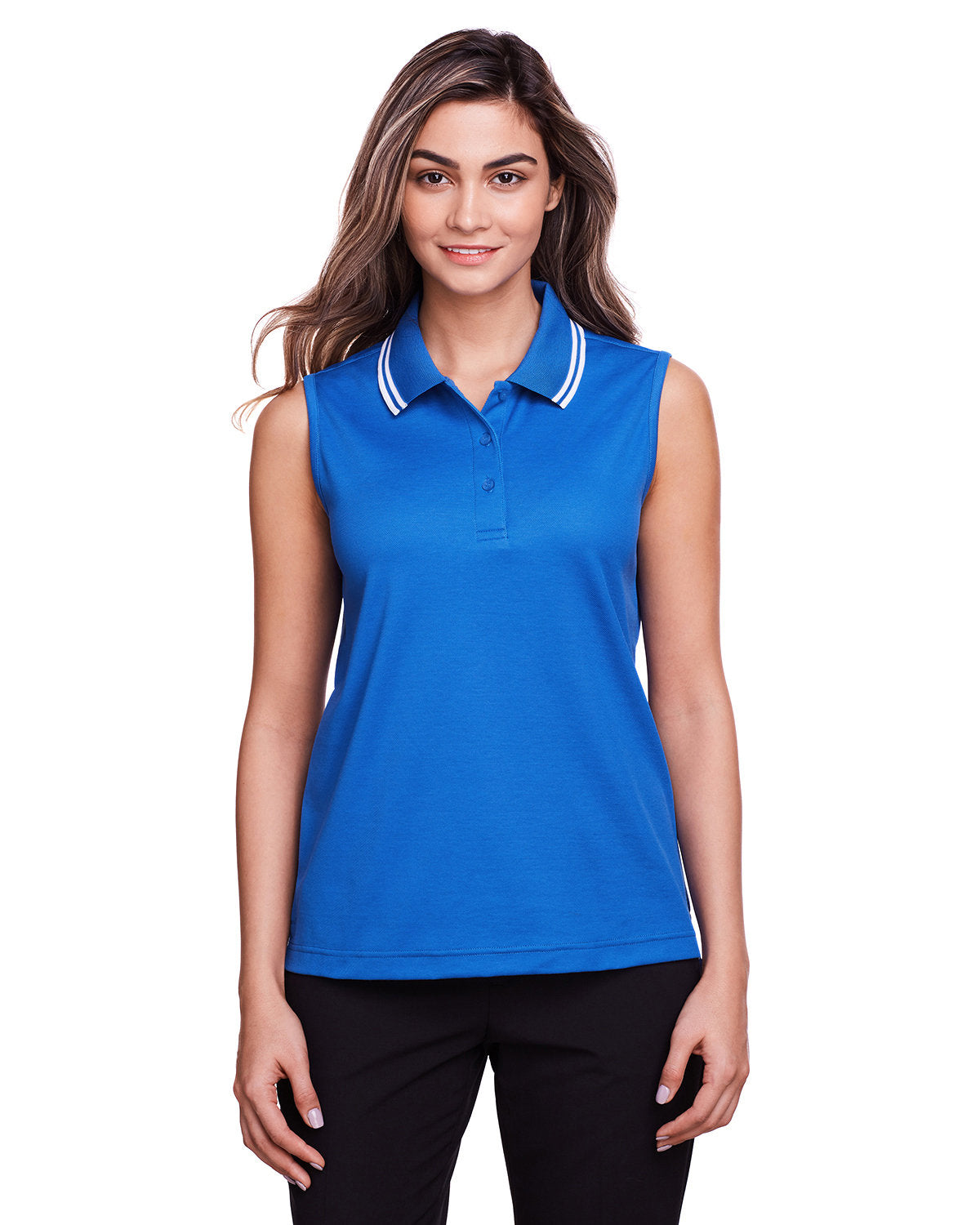 Devon & Jones CrownLux Performance® Ladies' Plaited Tipped Sleeveless Polo DG20SW