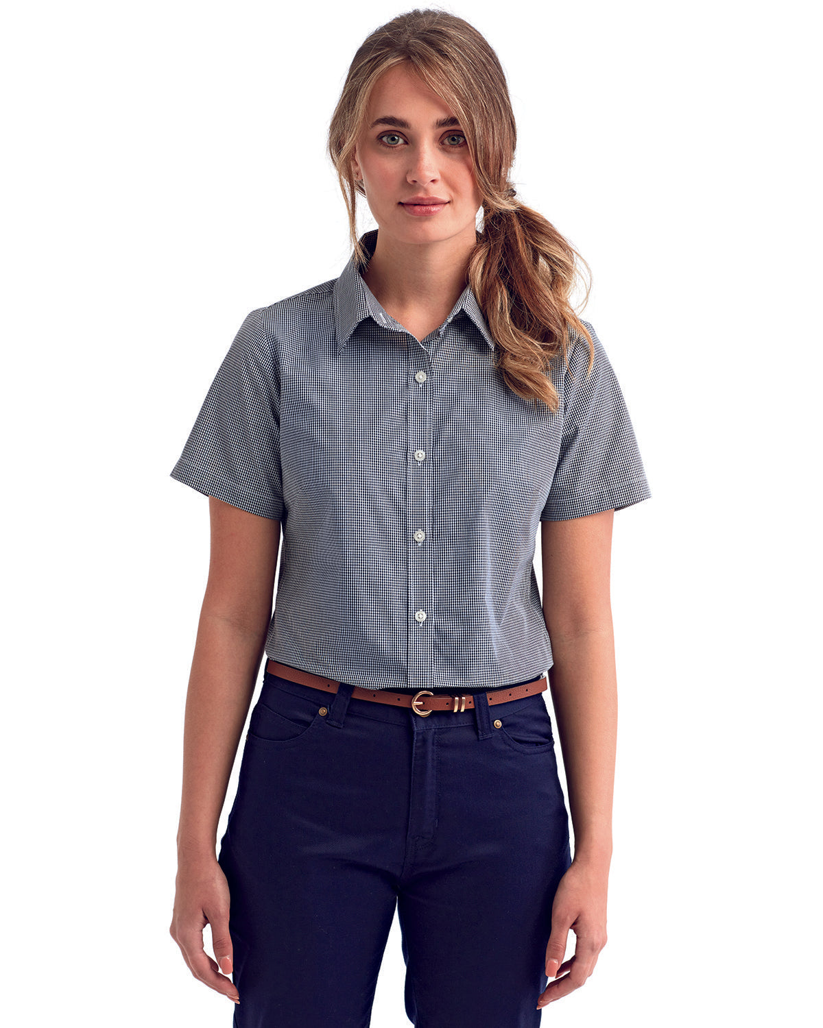 Artisan Collection by Reprime Ladies' Microcheck Gingham Short-Sleeve Cotton Shirt RP321