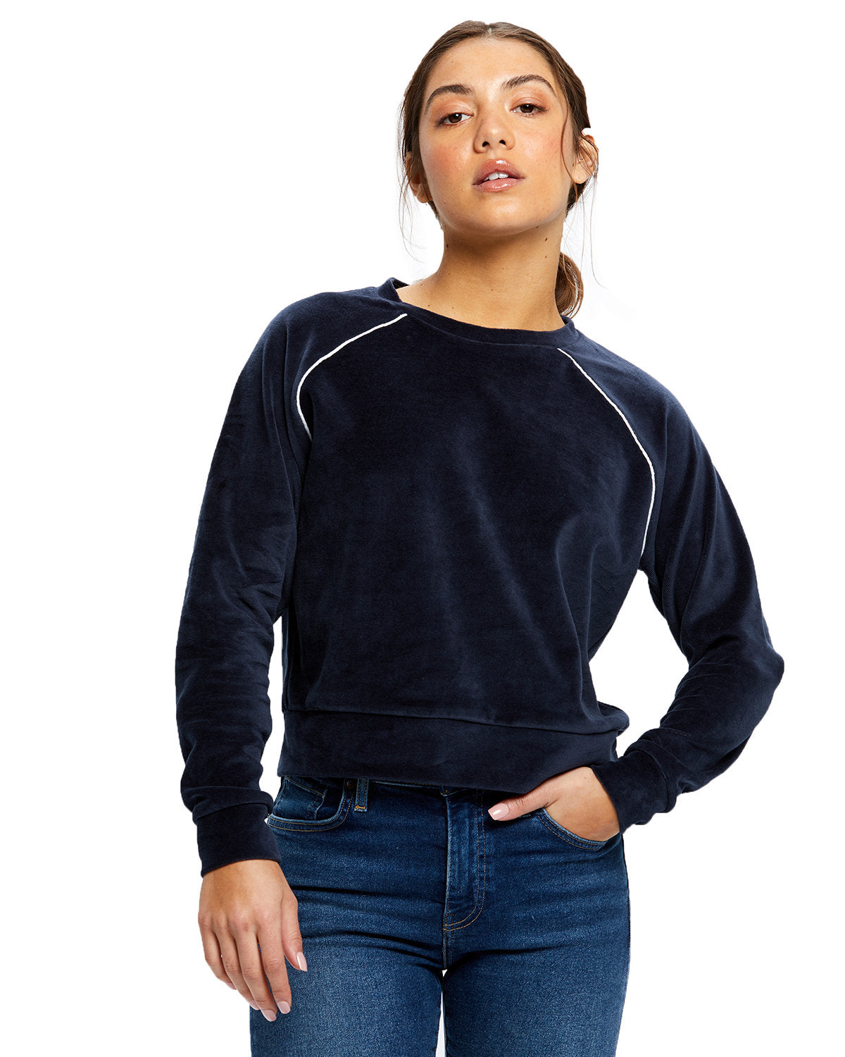 US Blanks Ladies' USA Made Velour Cropped Long-Sleeve Pullover Top US538