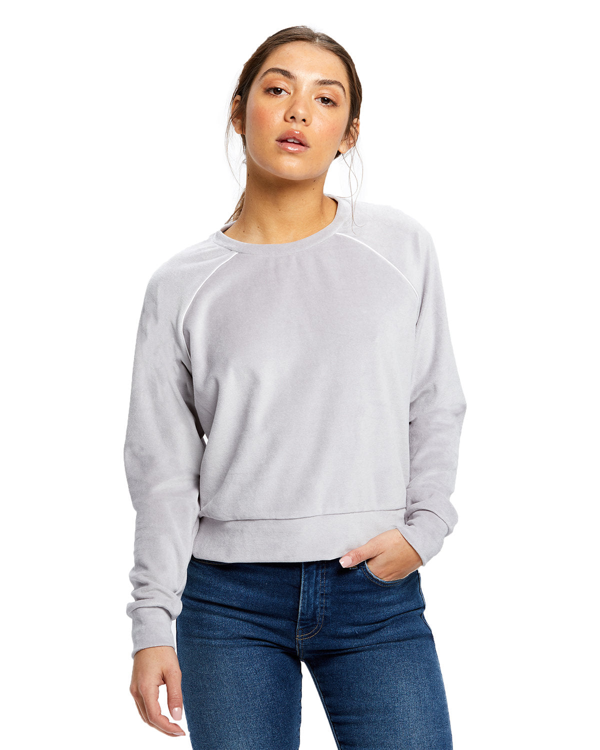 US Blanks Ladies' USA Made Velour Cropped Long-Sleeve Pullover Top US538